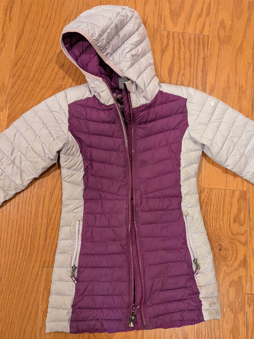 Columbia Kids Hooded Long Puffer Jacket in Purple and Light Gray